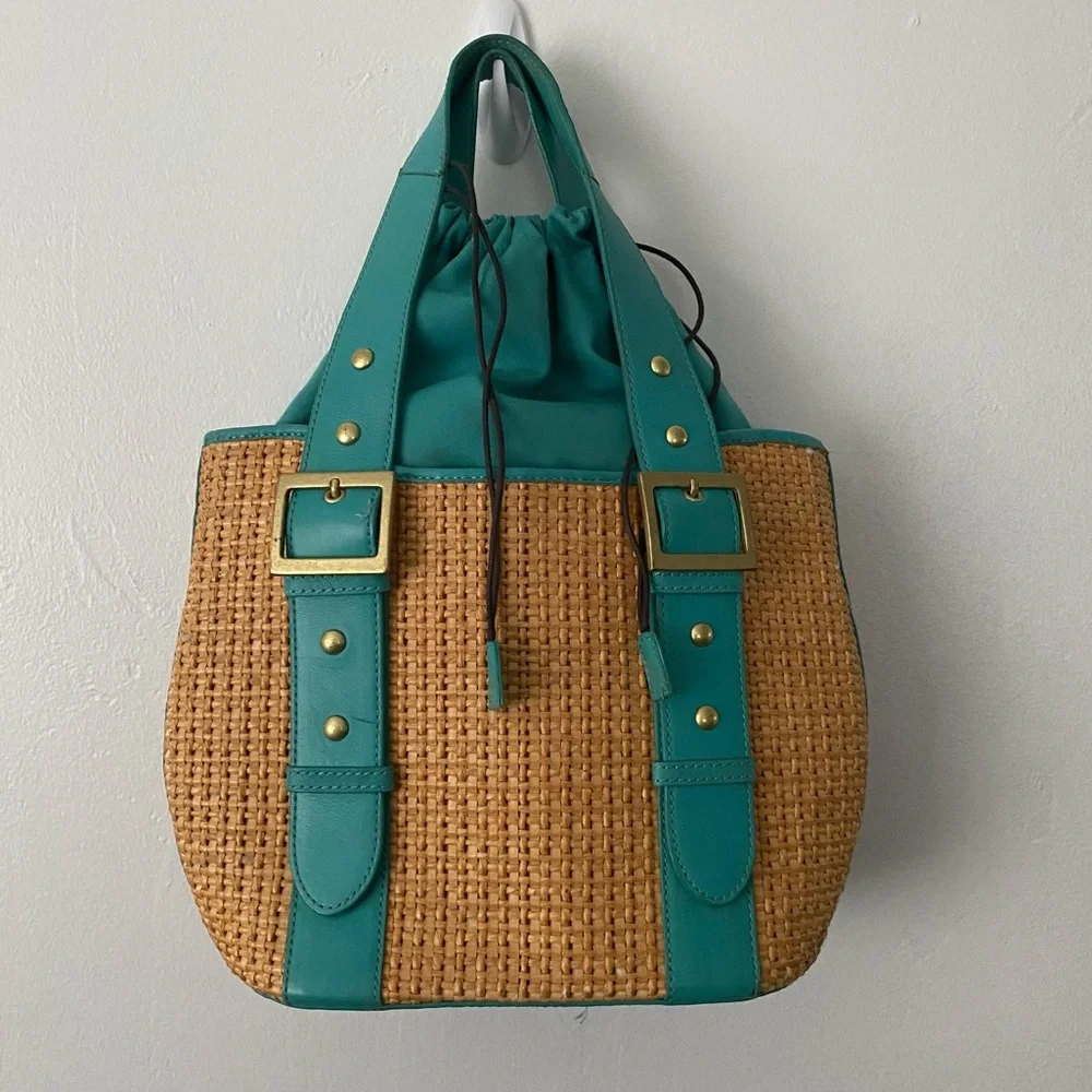 Kate Landry straw and teal leather tote bag - Picture 1 of 9